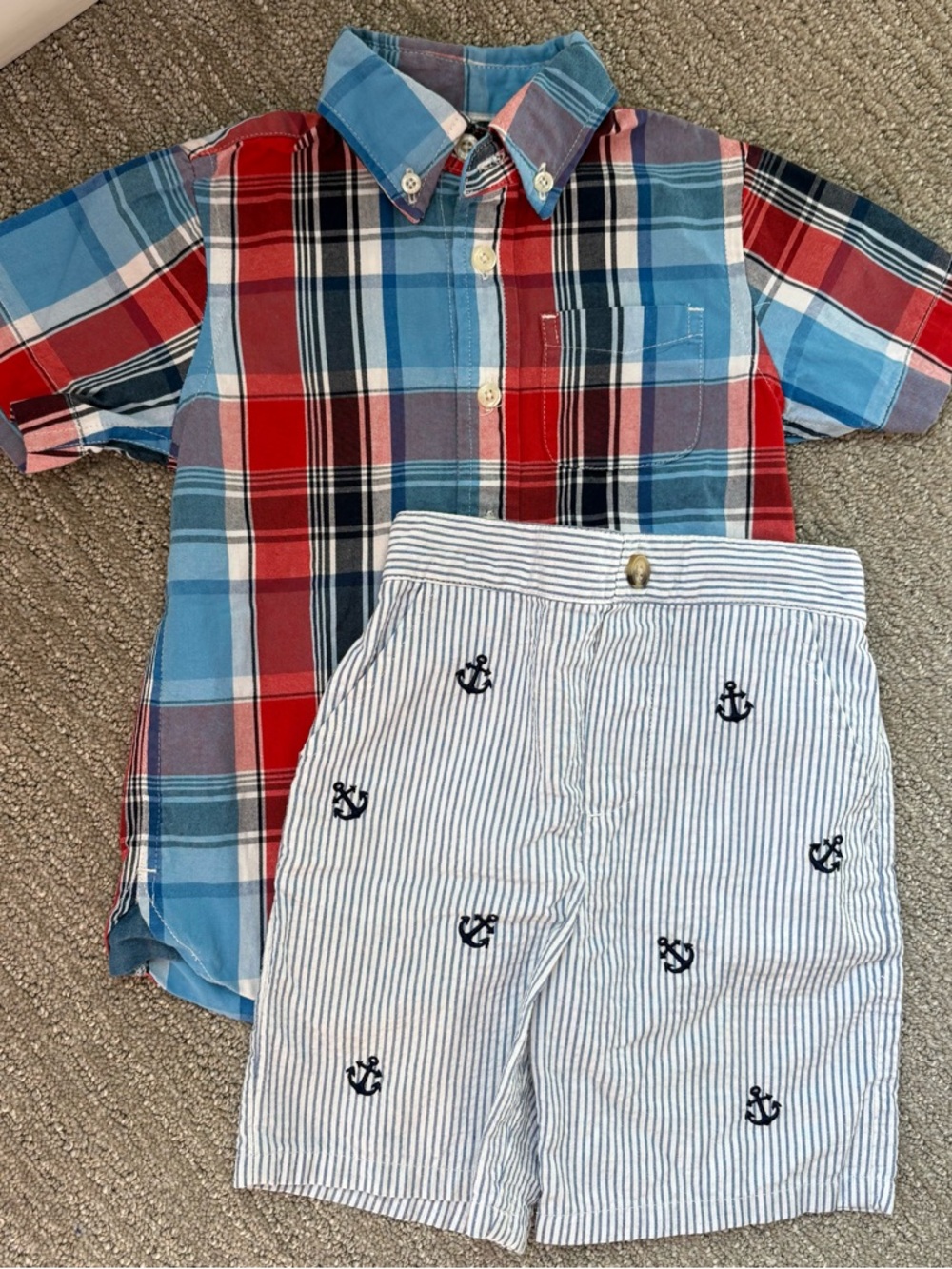 Boys Summer Plaid Button Down and Seersucker Anchor Nautical Shorts 3t